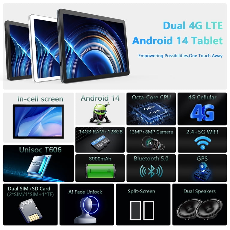 10.1in Android 14 Tablet 14gb RAM 128gb ROM, Octa-Core 4G Cellular