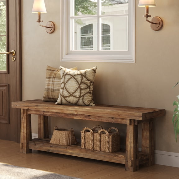 Finmind Solid Wood Shoe Bench with Storage, 55 Inch Foyer Bench with Open Shelf for  Entryway, Hallway, Bedroom, Charred Wood Grain