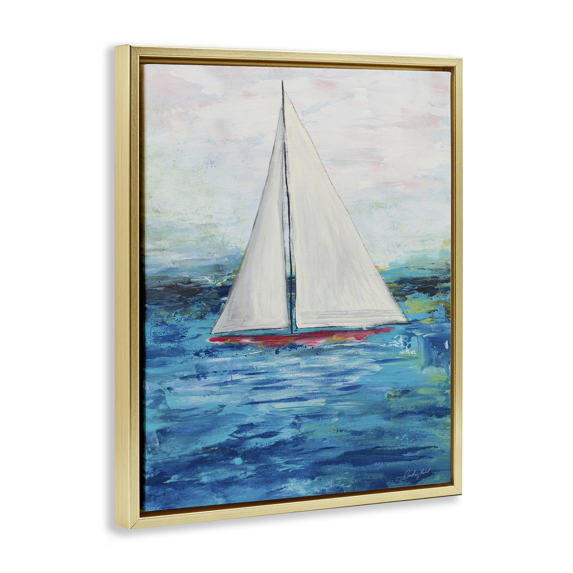 Stupell Industries Boat Setting Sail Coastal Painting Gold Floater Framed Canvas Art Print Wall Art, 17 x 21