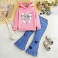 thumbnail image 2 of Toddler Baby Girls Fall Winter Sweatsuit Clothes Pullover Outfits Long Sleeve Hoodie Top and Long Denim Flare Pants Set 2t 3t 4t 5t 6t Hoodie Sets,5-6 Years,Pink, 2 of 9