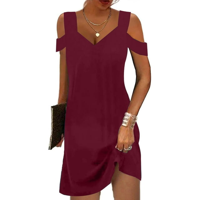 Puntoco Vestido De Manga Corta Con Cuello En V, Vestido Suelto De Manga Corta Con Cuello En V Y Hombros Descubiertos Para Mujer Burdeos M