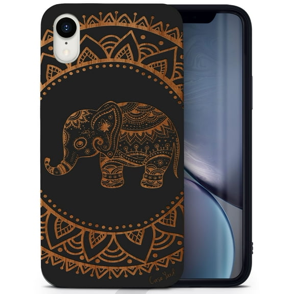 Wood phone case for iPhone XR compatible protective cell phone cover shockproof slim fit laser engraved Elephant Mandala design Black wood case for Men & Women by CaseYard