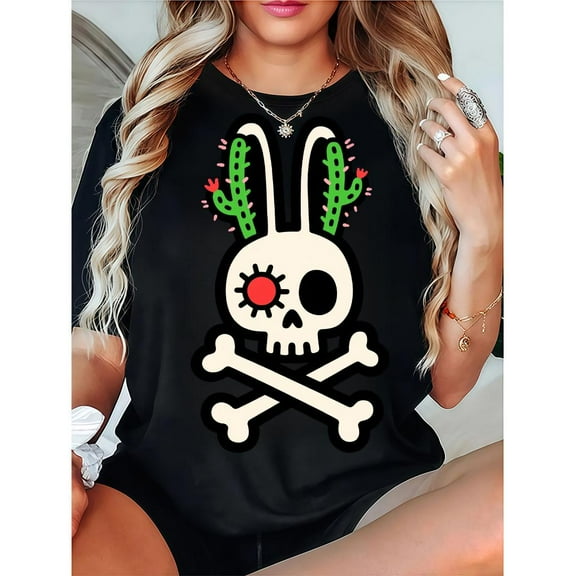 Skull Bunny Graphic Tee Top Fashion Casual Round Neck Short Sleeve Cotton Shirt fit Black S-5XL