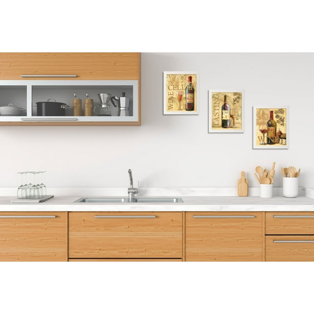 Gango Home Decor Italian Wine Kitchen Wall Art; Three Beige 8x10in Art  Prints in White Frames