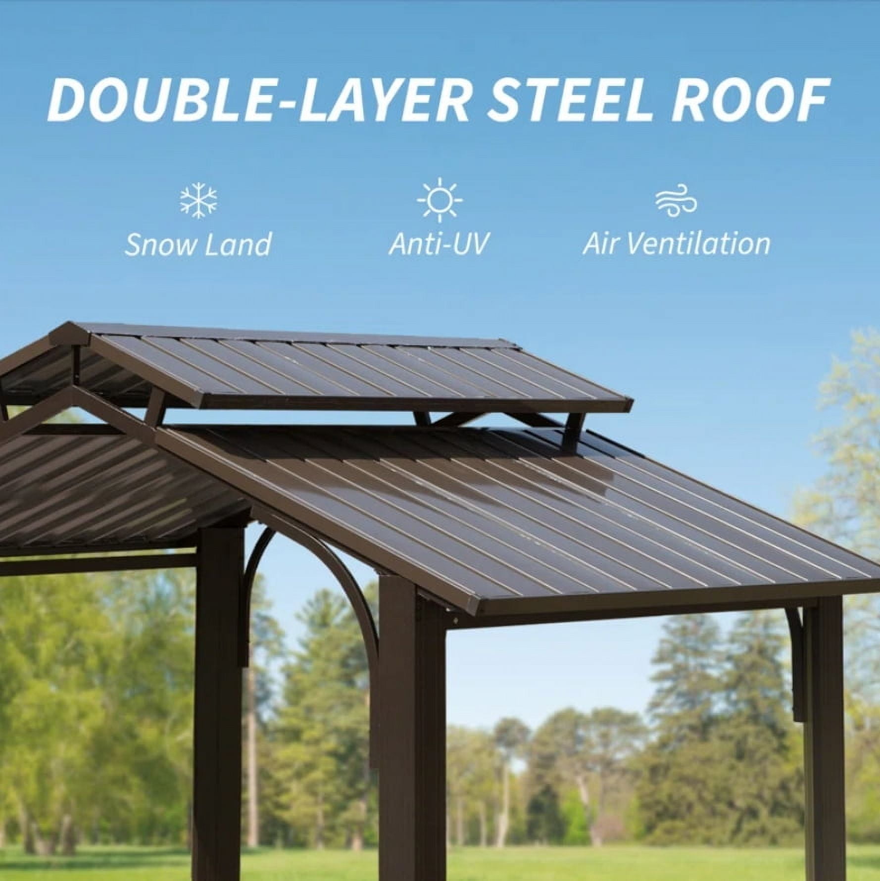 TOTAL Outdoor 8x5FT Hardtop Grill Gazebo, BBQ Canopy,Galvanized Steel Double Roof for Backyard,Brown