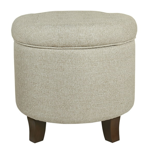 Textured Woven Fabric Upholstered Round Ottoman with Lift Top Storage, Beige and Brown
