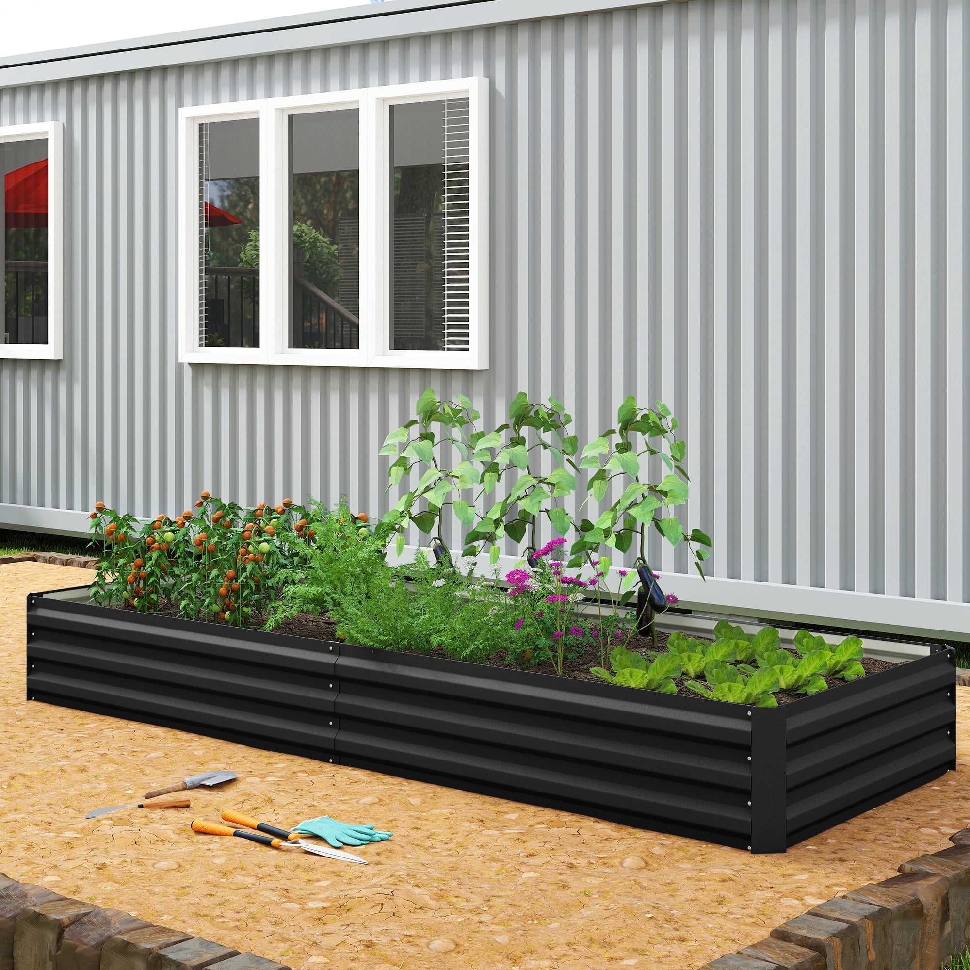 Outsunny 95" x 36" x 12" Galvanized Raised Garden Bed, Metal Elevated Planter Box, Easy DIY and Cleaning for Growing Flowers, Herbs, Black