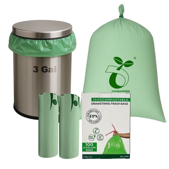 FPN Trash Bags Compostable, 3 Gallon 100 Pack, Handle-Tie Green, Odor-Free, (Small)