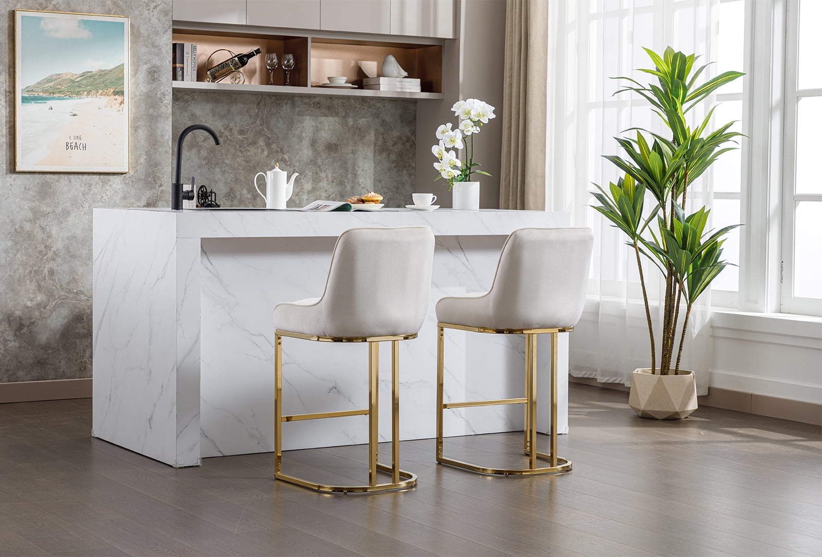 Dayalane Counter Height Bar Stools Set of 2, Velvet Upholstered Kitchen Barstools with Back and Gold Base, 26 " Modern Elegant Island Chairs for Restaurant Bar Dining Room, Beige
