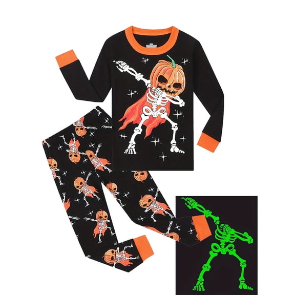 Halloween Pumpkin Skeleton Pajamas for 3-8T Boy Girl Glow-in-the-Dark 2 Pieces Sleepwear Tops and Pants Set