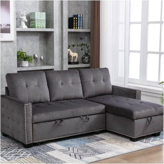 JERFIT Reversible L-Shape Sleeper Sofa Bed with Storage, Skin-Feeling Velvet Fabric, Dark Grey Sectional Couch for Living Room