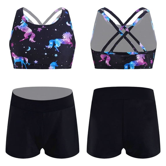 YONGHS Kids Girls Two-Piece Sport Suit Rear back Cross Top Shorts Set 4-16 Dark Night Black 8