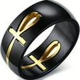 thumbnail image 4 of 1pc Stainless Steel Unique Boho 2-Tone Black and Golden Ankh Cross Symbol Ring for Men - Egyptian-Inspired Wedding Band, Hypoallergenic and Comfortable to Wear, Durable Construction,Black11, 4 of 7