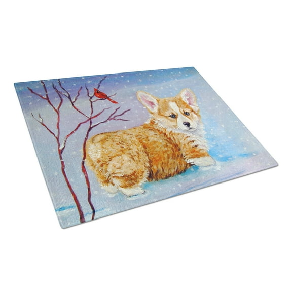 Caroline's Treasures Corgi Pup Snow Cardinal Glass Cutting Board Large