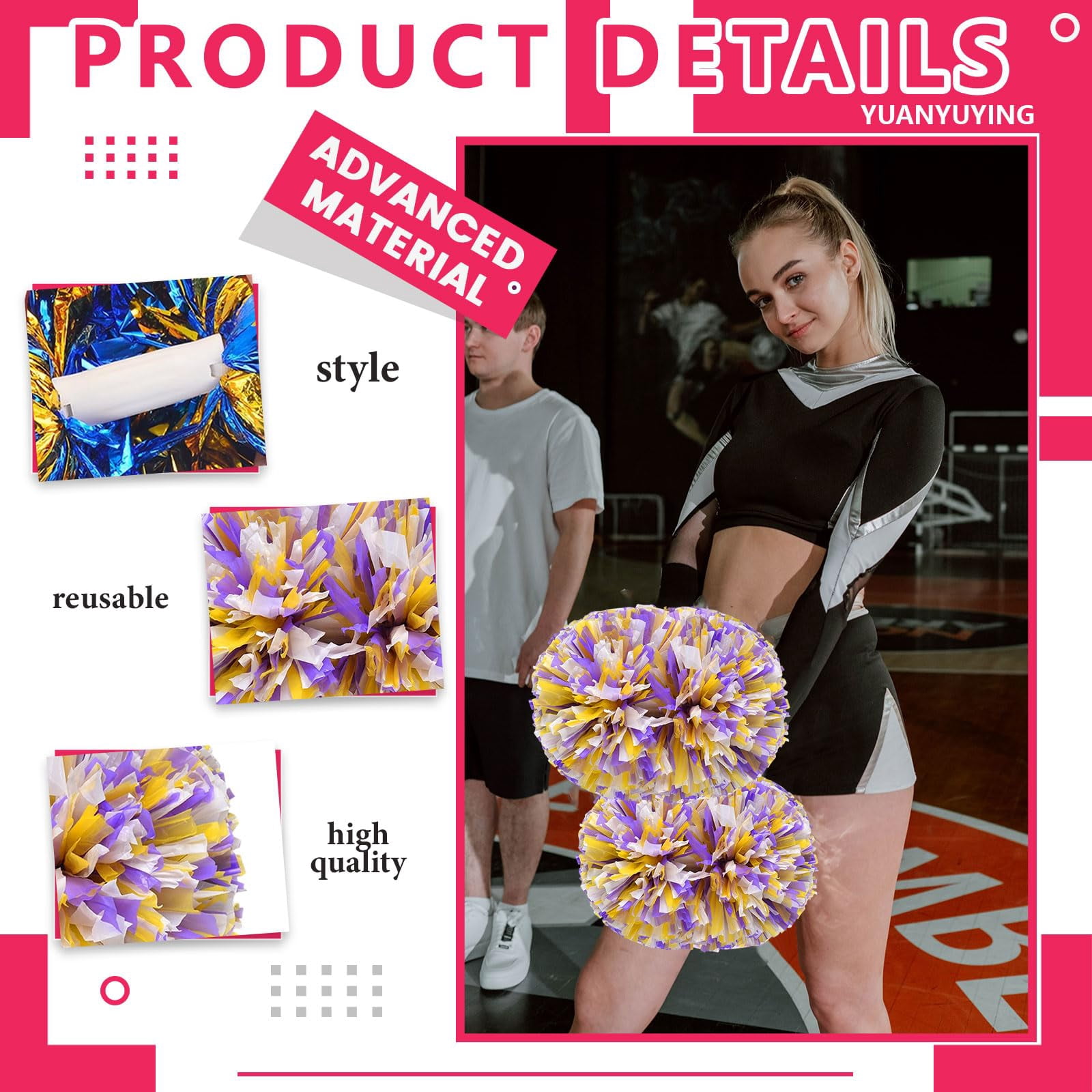 Cheer Pom Poms 12 Pcs with Handle, Cheerleading Handheld Squad Pompoms for Sports Team Cheer Spirit Games Dance Party Adults