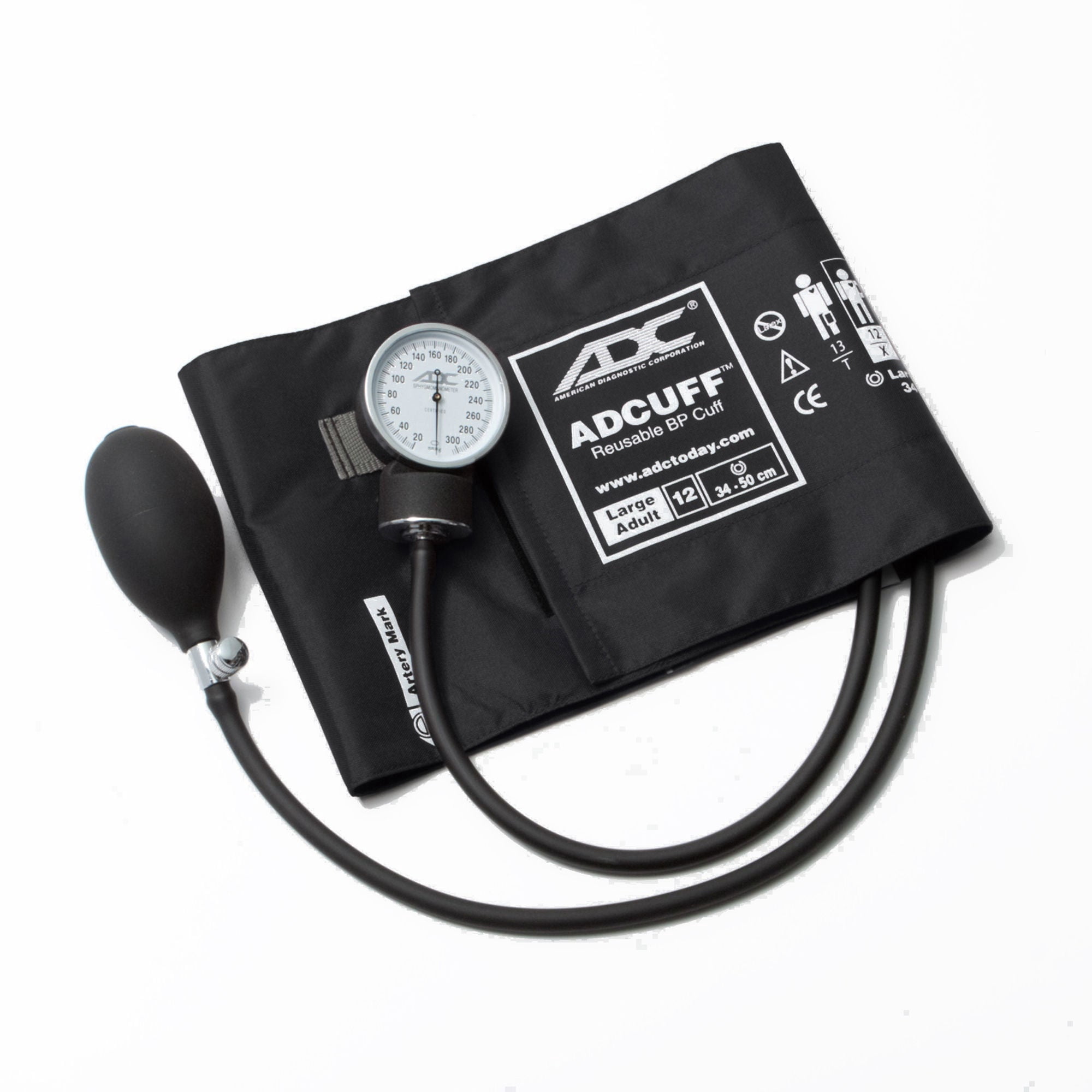 ADC Large Adult Cuff Arm Aneroid Sphygmomanometer Unit 2-Tubes Black 1 Each