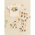 thumbnail image 4 of Suagox Toddler Girl Pants Outfit Letter Print Short Sleeves Tops with Bee Pattern Bell Bottom Trousers Set for 6-24 Months and 2-4 Years Old Girls, 4 of 10