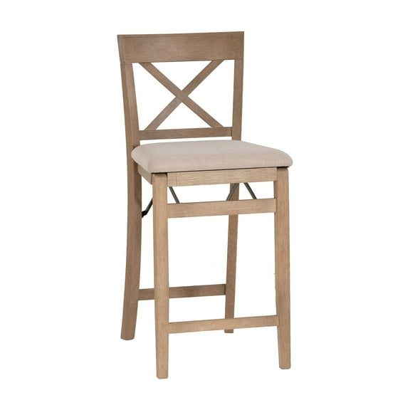Linon Torino 24" Mid Back Indoor Cross Back Folding Wood Counter Stool, Graywash/Beige