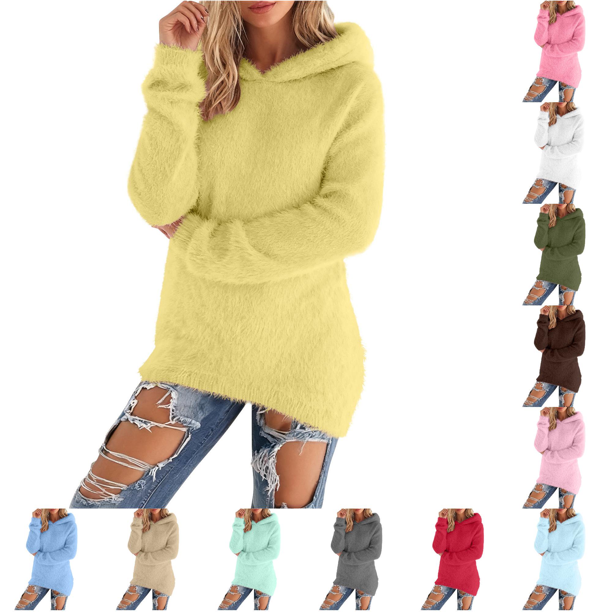 LIUYUNNN Sweatshirts Women Womens Solid Long Cozy Sweatshirt Long Sleeve Casual Winter Loose Hooded Pullover Fuzzy Lightweight Tunic Tops Size L