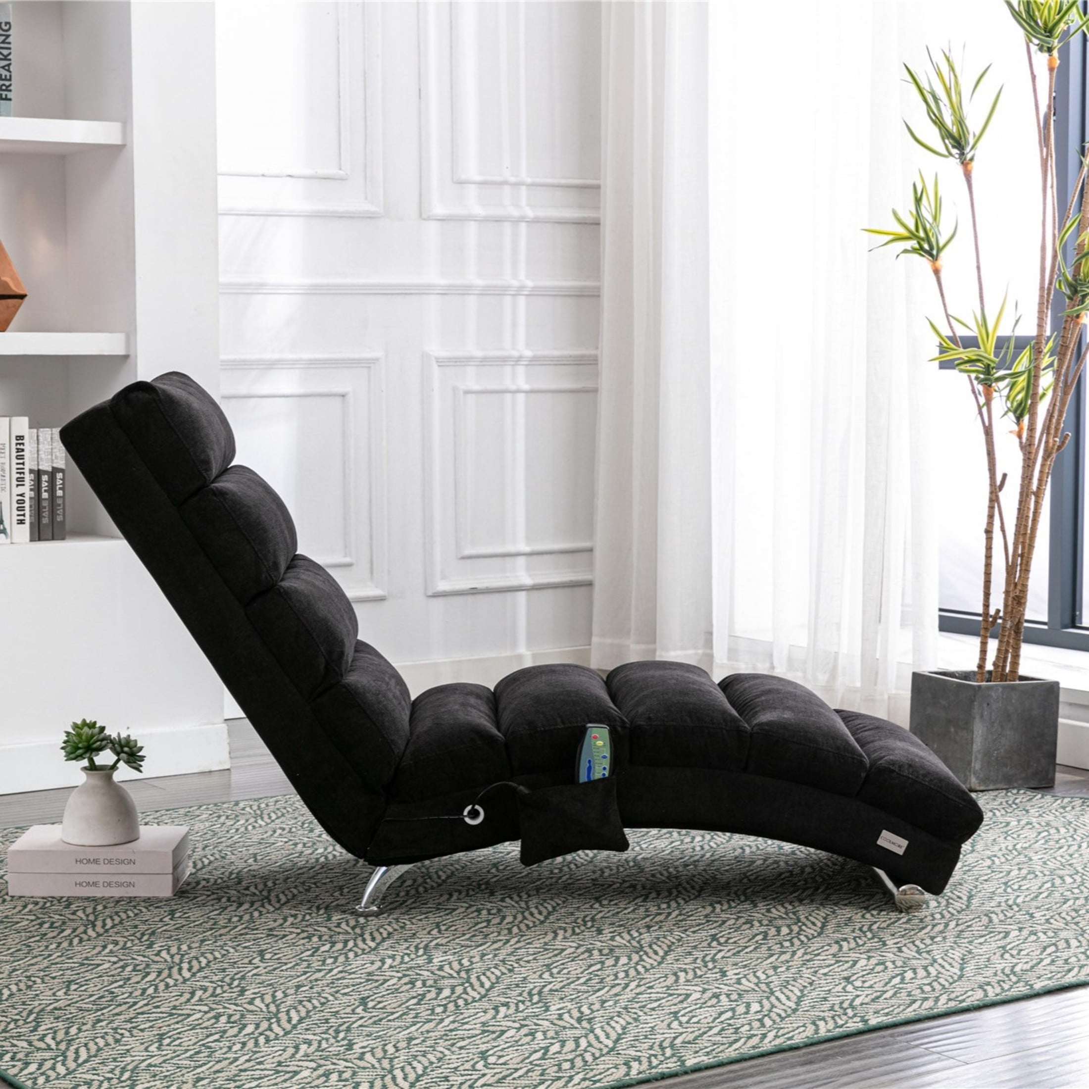 Noble House Upholstered Chaise Lounge Chair with Vibration, Linen Fabric Leisure Recliner, Black