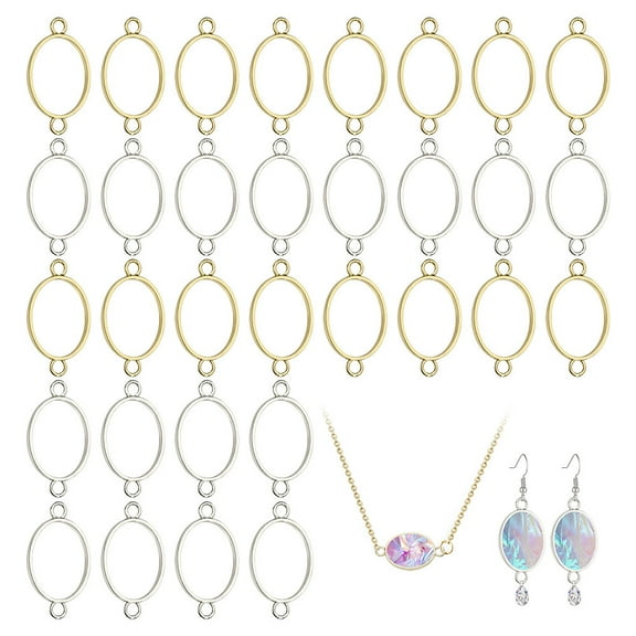 1set 32pcs 2 colors Alloy Oval Open Back Bezel Connector for UV Resin Epoxy Resin Pressed Flower Jewelry Mixed color 42x24mm Hole: 3mm 16pcs/color