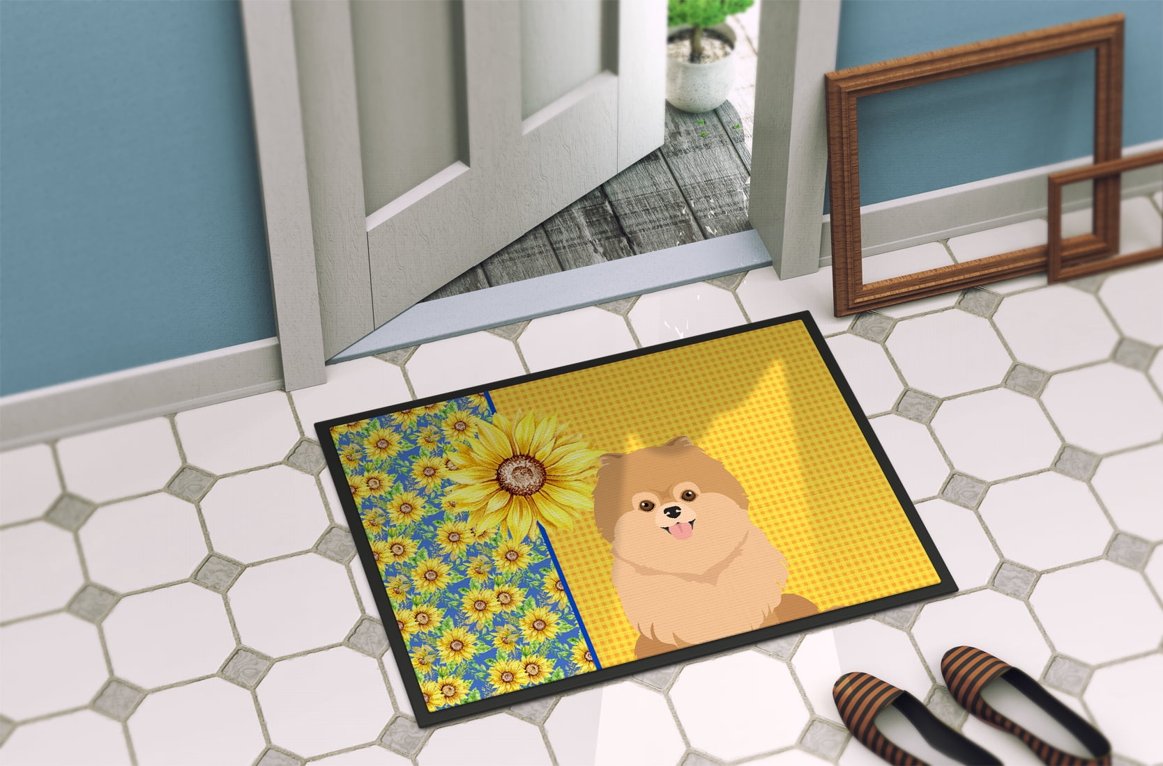 Summer Sunflowers Orange Pomeranian Indoor or Outdoor Mat 24x36 36 in x 24 in