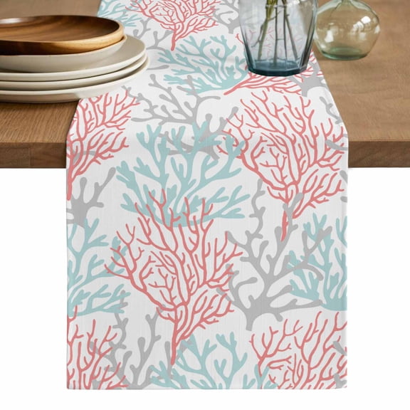 Red Blue Coral Coastal Table Runner, Summer Beach Seaside Nautical Washable Cotton Linen Table Runners 36 Inches Long, Dresser Scarf Runner for Nightstand/End Tables/Round Tables 13''x36''