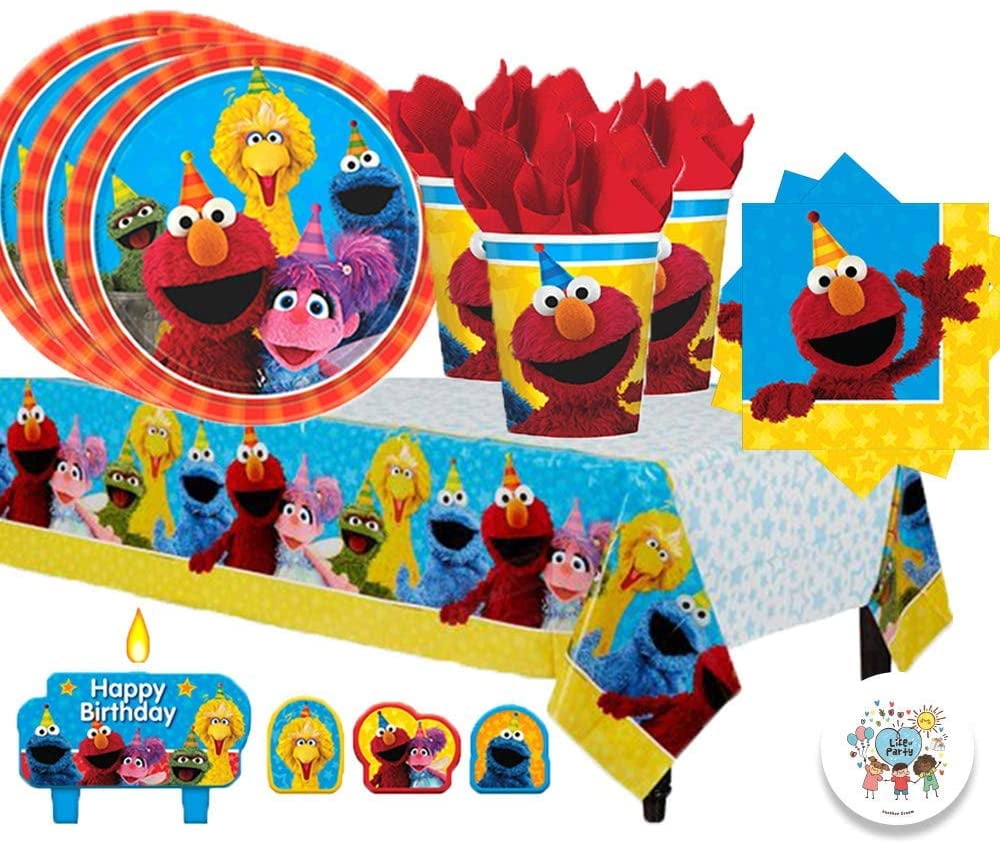 Sesame Street Party Plates Napkins Cups and Table Cover Serves 16 with Birthday Candles Sesame Street Party Supplies Pack Deluxe Bundle for 16 