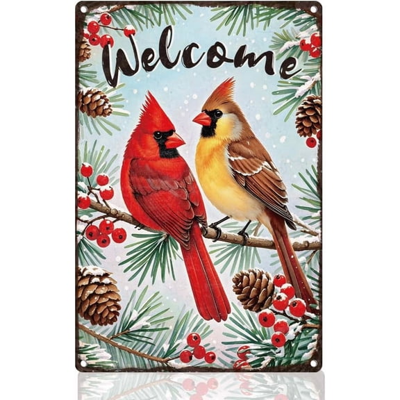 Cardinal Birds Pine Tin Sign Metal Wall Decor 8" x 12" Vintage Welcome Winter Christmas Wall Art Poster for Home Cafes Outdoor Yard Living Room Man Cave Decor Gift