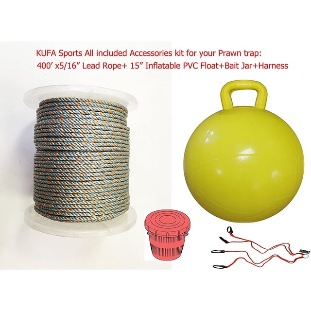 KUFA SPORTS All Included Prawn Trap Accessories/(5/16" x 400" Lead Core Rope)/15" Float/Bait Jar/Harness Combo