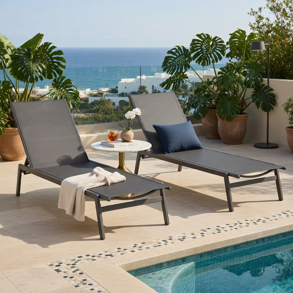 Hommoo 6-Position Adjustable Outdoor Chaise Lounge Chair, Rustproof Steel Frame, Breathable Quick-Dry Fabric, for Patio, Poolside & Backyard, Gray