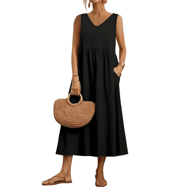 Robe Maxi Femme 2025 Sans Manches Robes d'Été Col en V Décontractées à Étages avec Poches