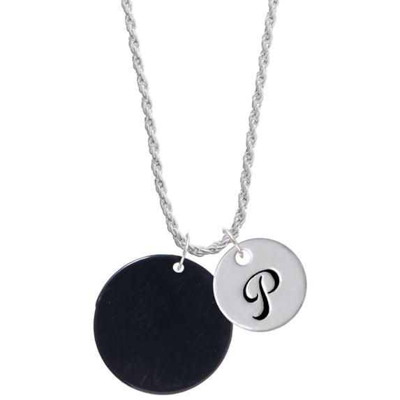 Delight Jewelry Acrylic 1 1/8" Disc Black Silvertone Script Initial Disc - P - Charm Necklace, 20"+3"