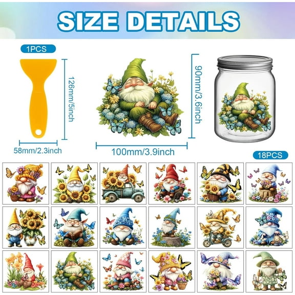 18 Sheets Gnome Rub on Transfer 3.9x3.6inch Colorful Daisy Butterfly Vase Home Decals Flowers Dwarf Cup Transfer Stickers for Furniture Vase Glass Art Crafts Decorations