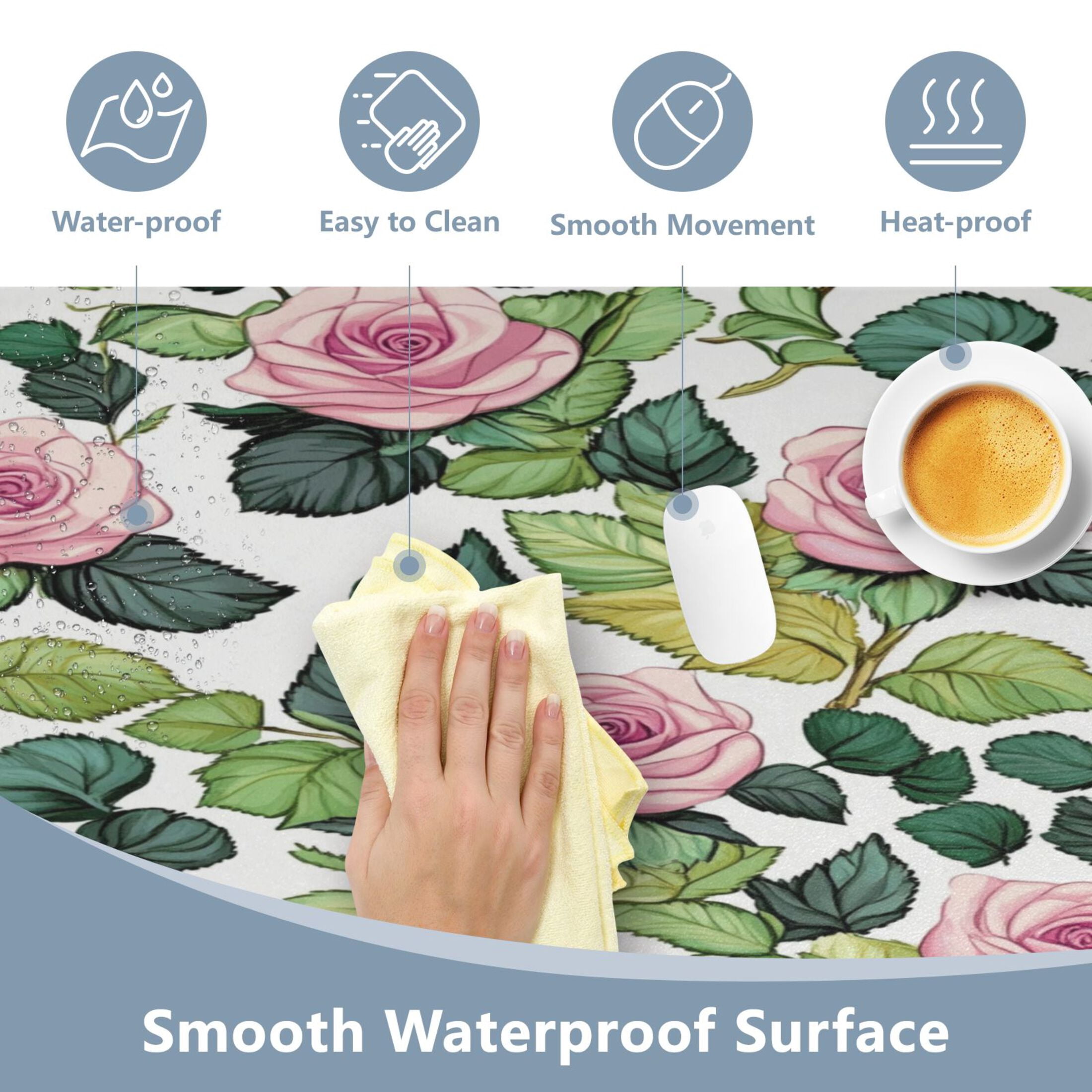 Wobogo Pink Rose Gaming Mouse Pad Non-slip Leather Desk Mat Water Resist Keyboard Pad for Gamer Office 16.5×35.4in