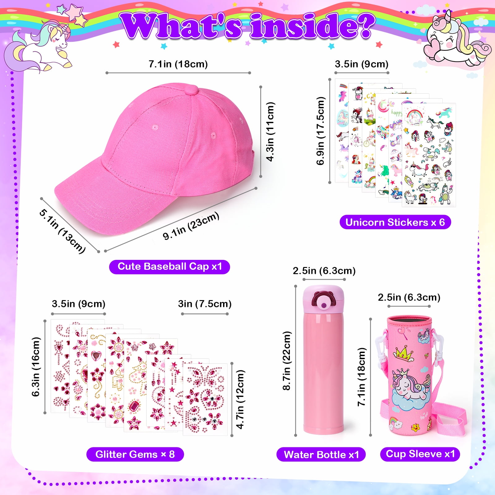 Pearoft Kids Gift for Girls Age 5 6 7 8 9 10 11 Years Old Birthday Presents for Kids, DIY Water Bottle and Baseball Cap Crafts Set for 6+ Girls Decorate Your Own Water Bottle with Glitter Gem Stickers