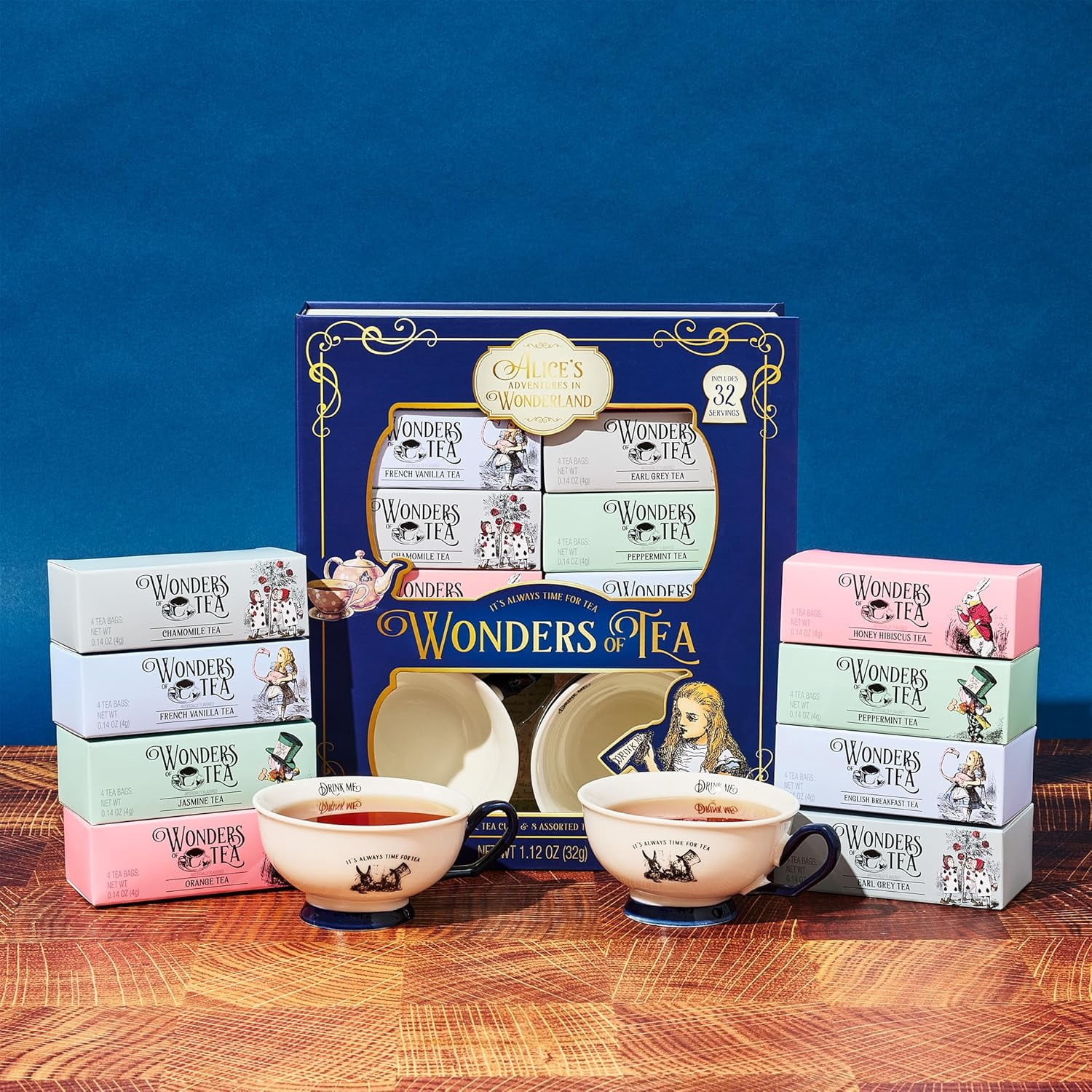 Thoughtfully Alice’s Adventures in Wonderland Tea Bags Gift Set with 2 Ceramic Cups, Herbal, Black, and Green Flavors, 34 Count