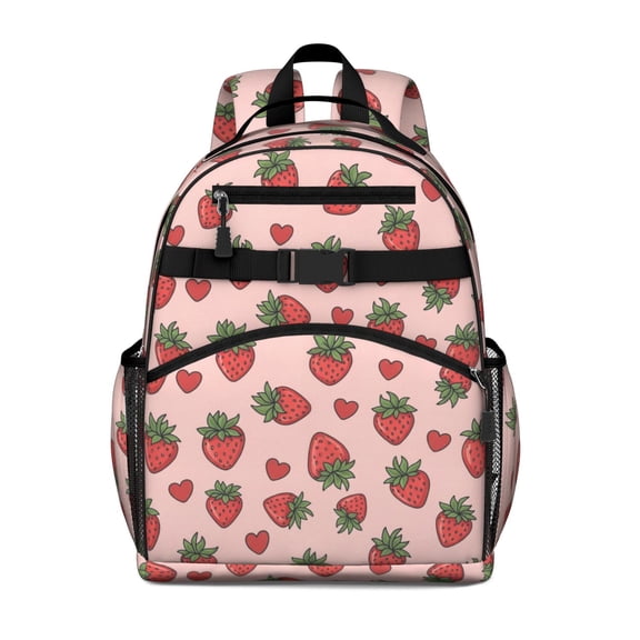 Strawberry and Heart Pink Pattern Cute School Backpack Bag for School with Padded Back and Adjustable Shoulder Straps 15.25"x11.5"x5.25"