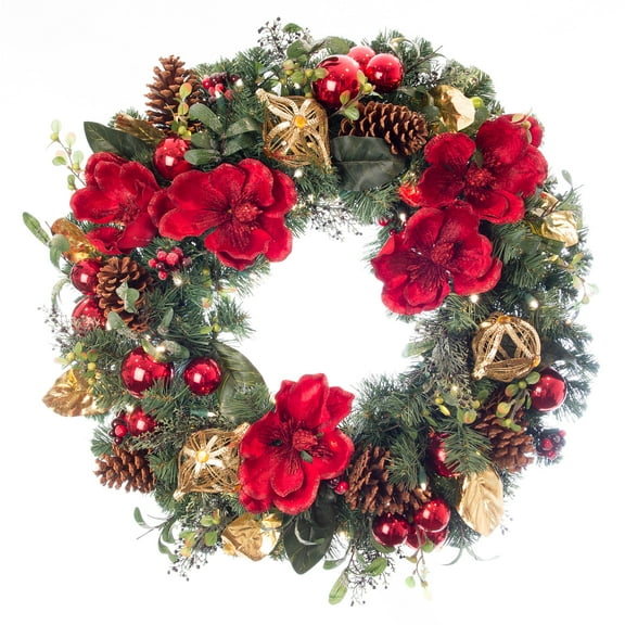 Village Lighting 30 in. Pre-Lit LED Wreath - Red Magnolia