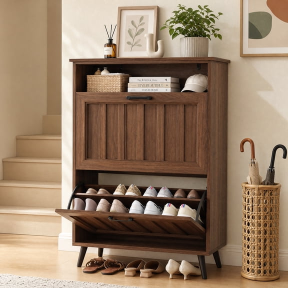 Seetech Shoe Storage Cabinet with 2 Flip Drawers and Open Shelf, Narrow Entryway Shoe Organizer, Walnut