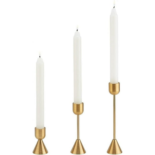 Juego de 3 candelabros cónicos, candelabros dorados, candelabros de aluminio, candelabros vintage modernos decorativos