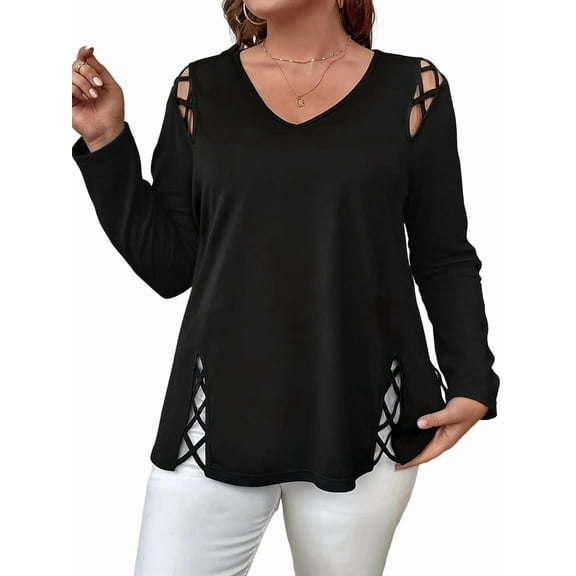 Womens Summer Cold Shoulder Tops Long Sleeve T Shirts Pullover -Strap Cutout Design Blouses Black 5XL