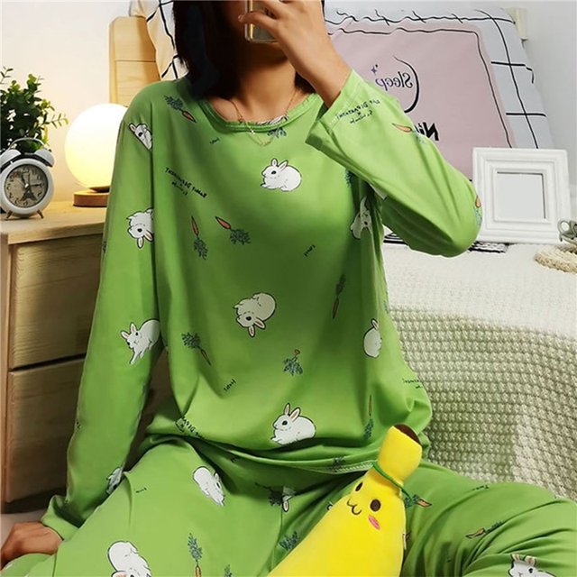 Autumn 2pieces Pyjamas Set Women Thin Sexy Sleepwear Lovely Home Suit 2023 Round Neck Girls Sleepwearlong Sleeve Pajamas