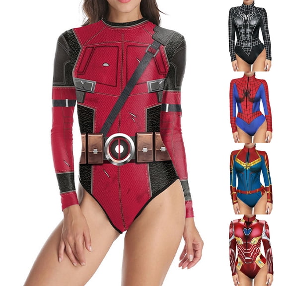 Women Halloween Costume Jumpsuit Spider Web Print Bodysuit Hero Character Outfit for Halloween Party Role Play Show Black L