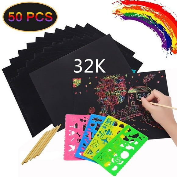 Cribun Scratch Art Set,50 Rainbow Magic Scratch Art Paper for Kids Black Scratch Off Art Crafts Notes Boards Sheet with 5 Wooden Stylus 4 Drawing Stencils