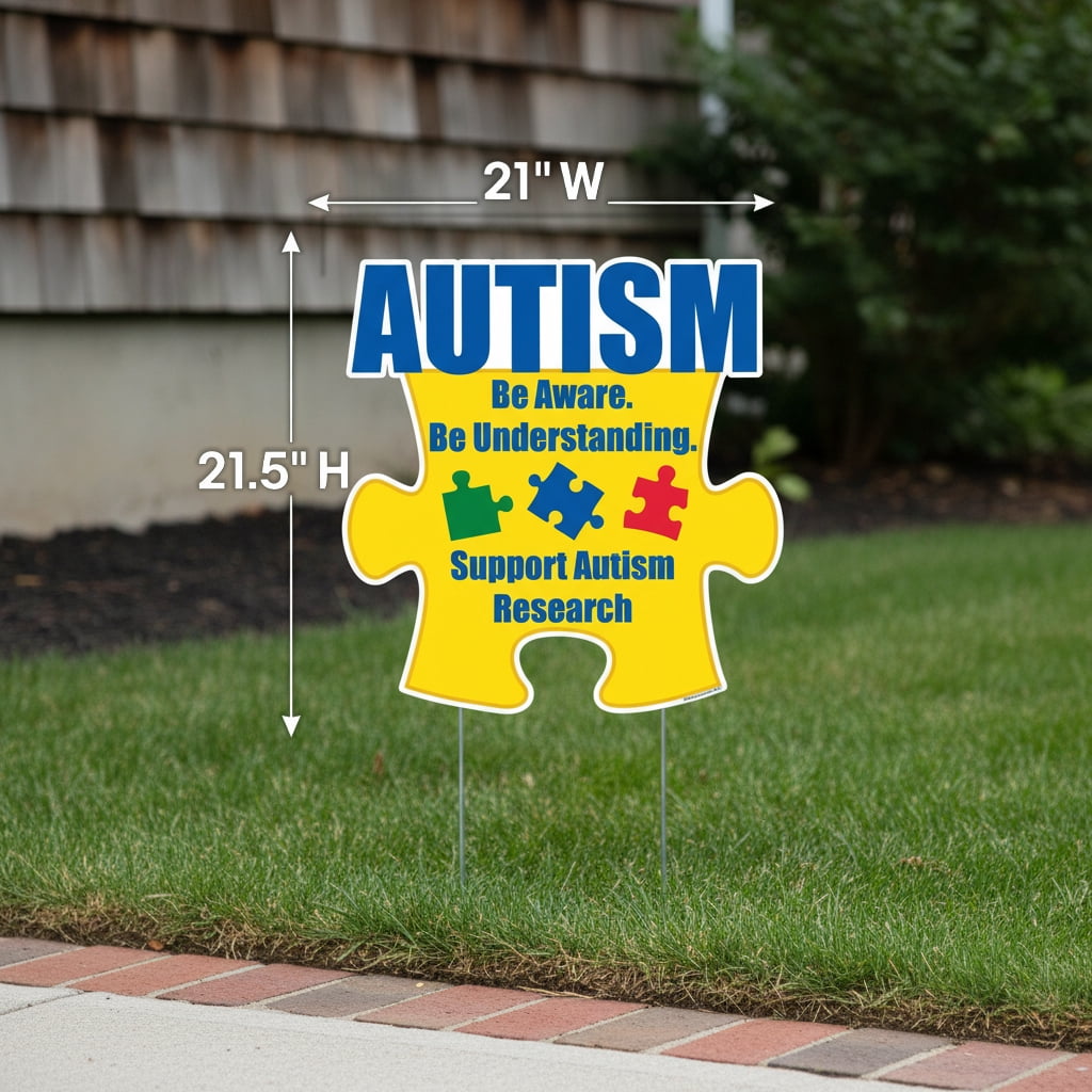 Autism Awareness Puzzle Piece Yard Sign, 21" x 21.5" Outdoor Lawn Decoration with Stakes, Weatherproof Corrugated Plastic, “Be Aware Be Understanding” Support Sign