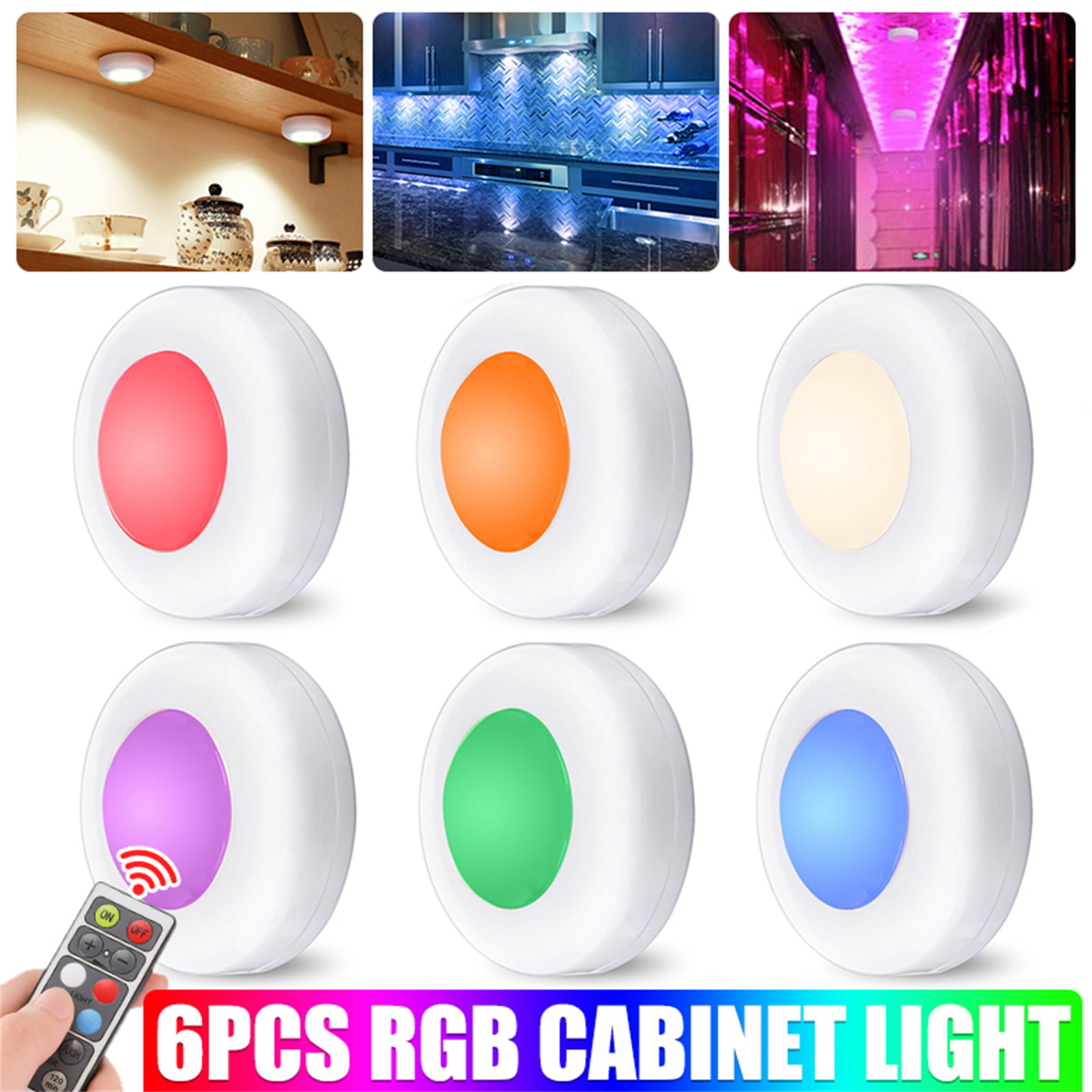 4Pack RGB Under Cabinet Lights Closet LED Puck Color Changing Shelf Lighting US 