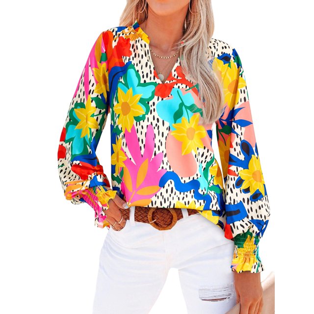 Blusa MASCOMODA de chifón floral con cuello en V y manga larga para mujer