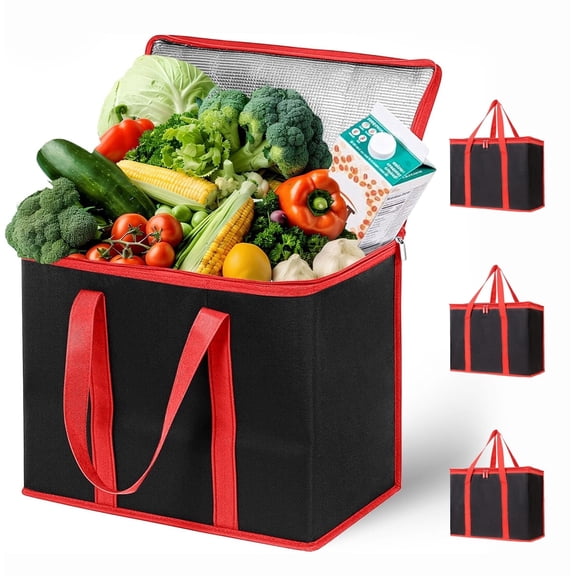 3 Pack Cooler Food Delivery Bag, Insulated Grocery Bags Insulated Cooler Bag for Hot or Cold Food Delivery, Groceries, Travel, Shopping(Black & Red)