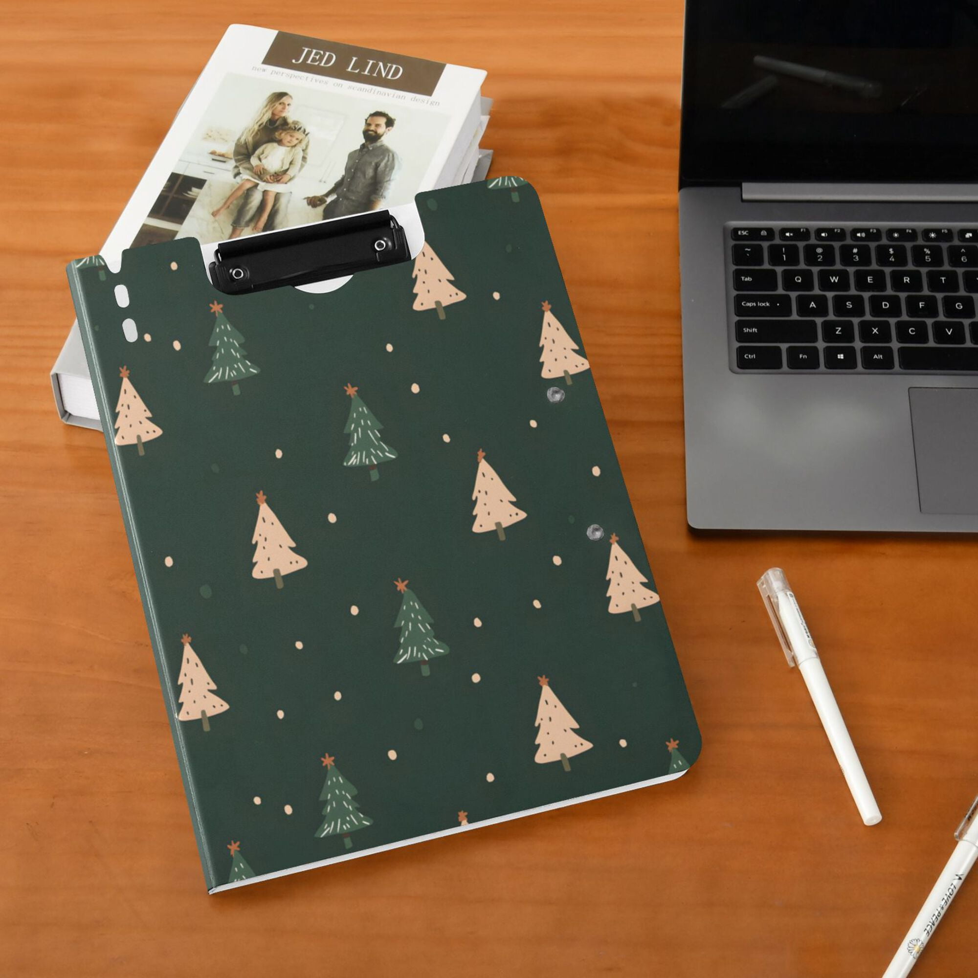 FORMRS A4 Clipboard Folder with Pen Holder Horizontal Foldable School Office Binder, Pink Christmas Trees